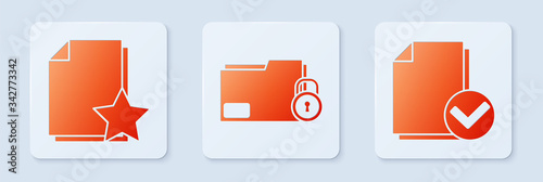 Set Folder and lock, Document with star and Document and check mark. White square button. Vector