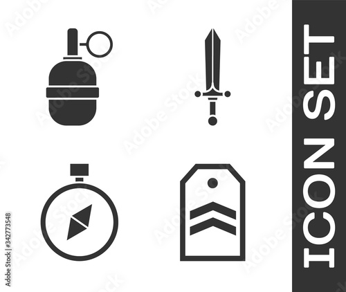 Set Chevron, Hand grenade, Compass and Medieval sword icon. Vector