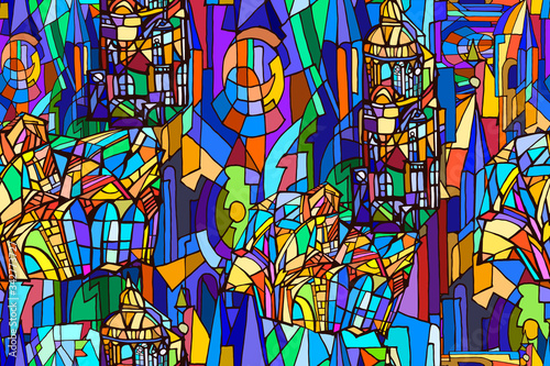 Vector seamless pattern with abstract fantasy colorful night Gothic city. Stained glass texture. Hand drawn.