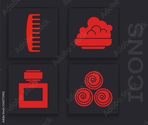 Set Towel rolls, Hairbrush, Shaving gel foam and Aftershave icon. Vector