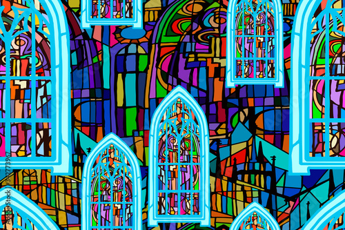 Vector seamless pattern with abstract fantasy colorful night Gothic city. Stained glass texture. Hand drawn. © abyrvalg_00