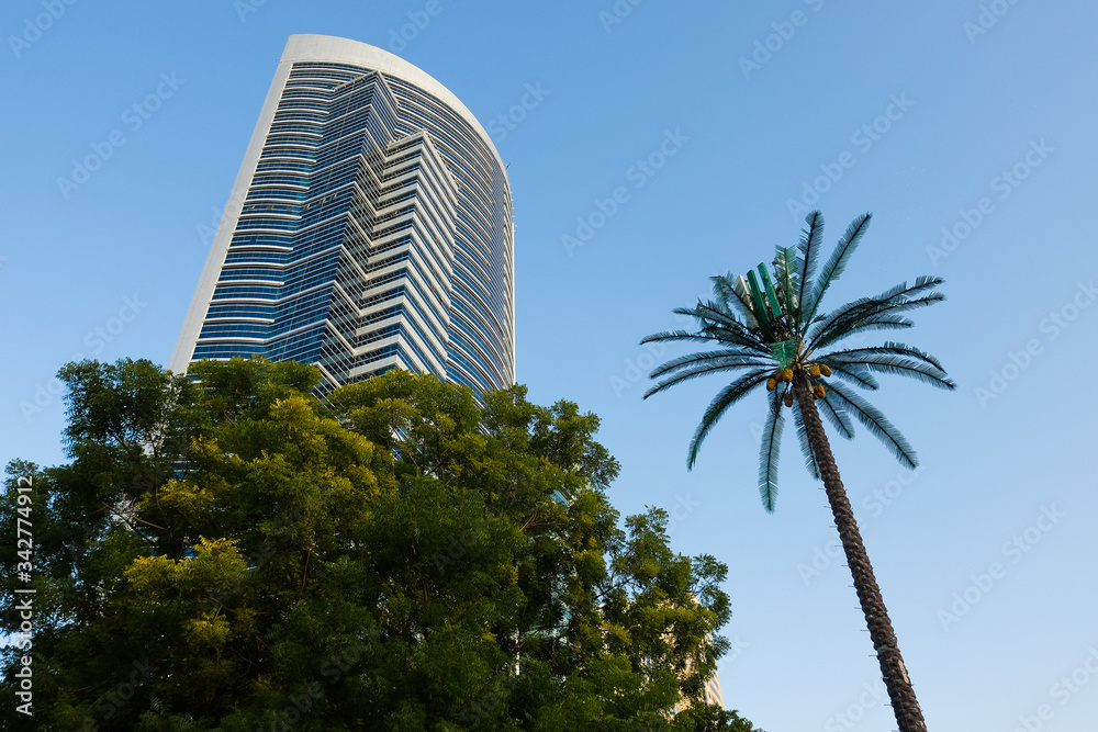 Panorama of skyscrapers and palm trees in Sharjah, United Arab Emirates . Walking area in the UAE city