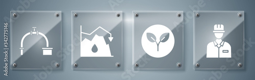 Set Oilman, Bio fuel, Drop in crude oil price and Industry pipe and valve. Square glass panels. Vector