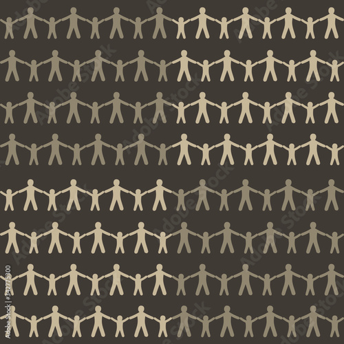 Beige silhouettes of people holding hands on dark background: human seamless pattern, social background texture, wrapping design. Vector graphics. photo