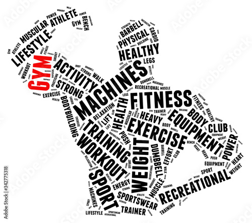 Gym bodybuilder shaped word cloud concept on white background.