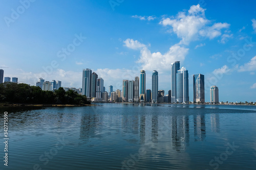 Panorama of the center of the Emirate of Sharjah, United Arab Emirates . Walking area in the UAE city. Real estate in United Arab Emirates .