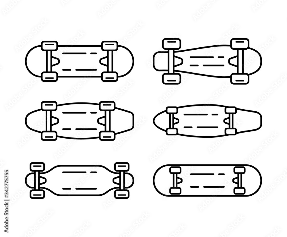 Set of skateboard line icon isolated on white background. Outline style. Minimal skate board design. Vector illustration.