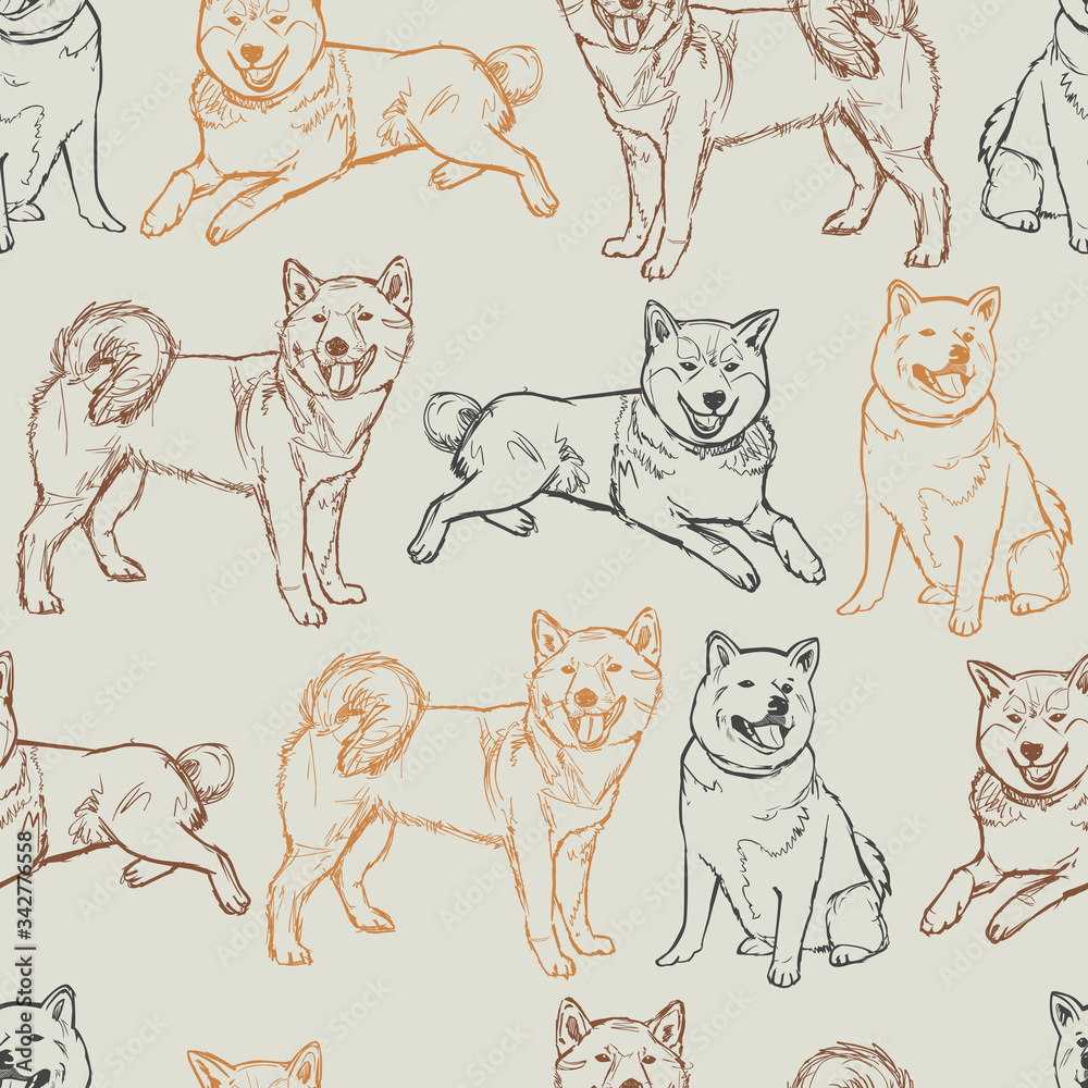 Obraz premium Vector beige shiba inu dogs sketch seamless background pattern. Suitable for gift wrap, textile and wallpaper.