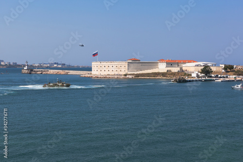 Raptor landing boats moor to the pier near the Konstantinovsky barracks at the celebration of Navy Day in Sevastopol Bay, Crimea