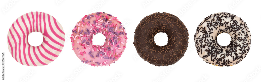 Set of four different glazed donuts isolated on a white background. Set of four different glazed donuts isolated on a white background.