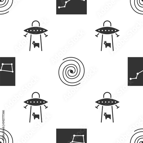 Set Great Bear constellation, Black hole and UFO abducts cow on seamless pattern. Vector