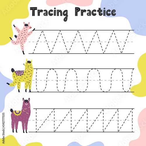 Trace line activity page for kids. Handwriting practice worksheet with funny llamas