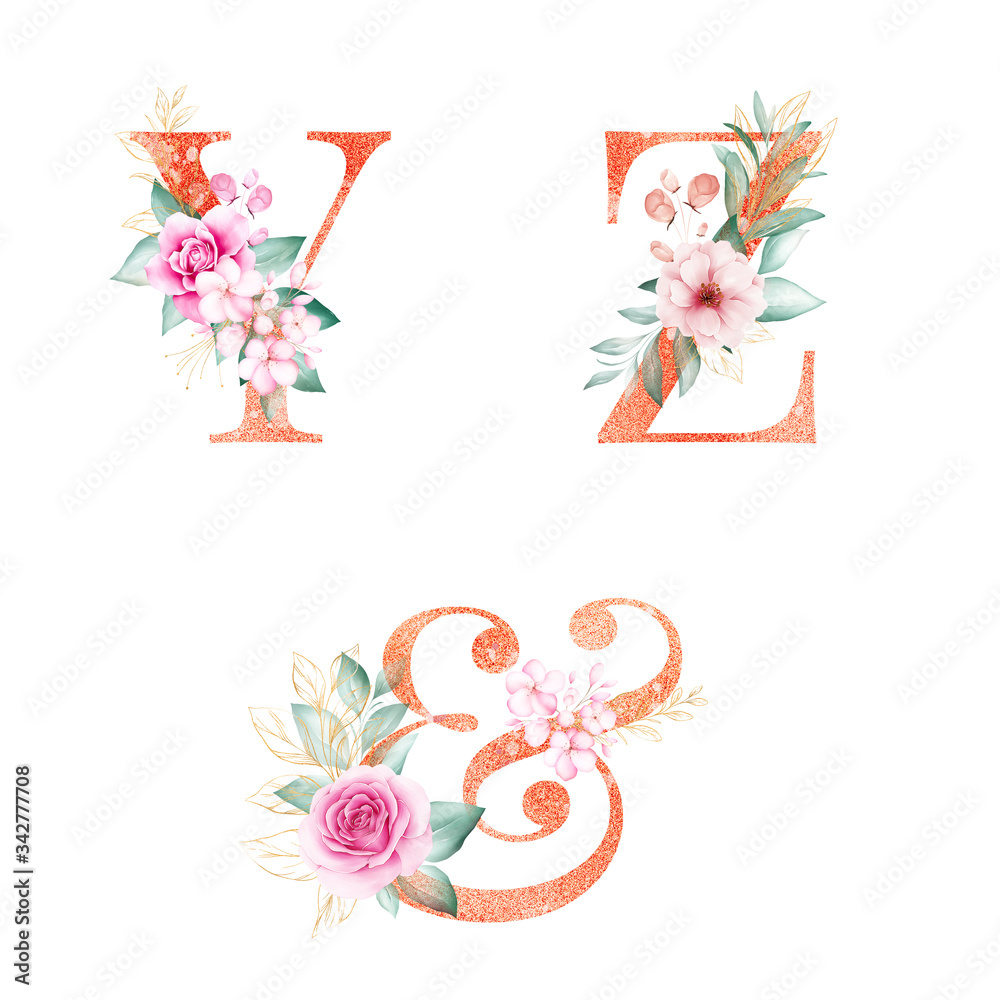 Watercolor gold floral alphabet set of E, F, G, H with soft flowers ...