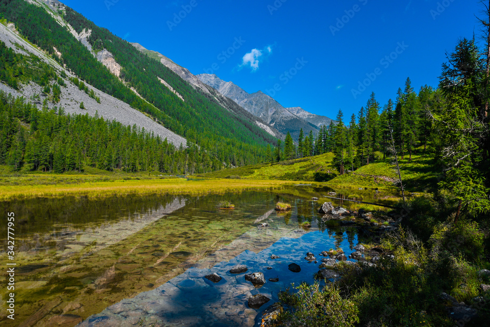 lake in mountain valley, surface of water under rocky peaks, mountain surface on horizon, path to top and its achievement by  river
