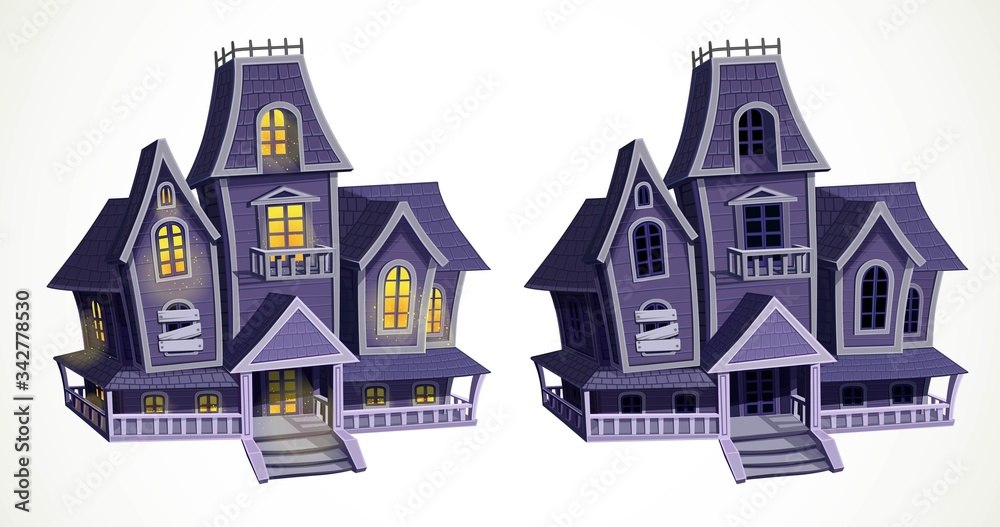 Scary abandoned house with light in the windows and empty dark windows isolated on white background Scary abandoned house with light in the windows and empty dark windows isolated on white background