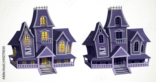 Scary abandoned house with light in the windows and empty dark windows isolated on white background