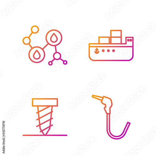 Set line Gasoline pump nozzle, Rotating drill digging a hole, Molecule oil and Oil tanker ship. Gradient color icons. Vector