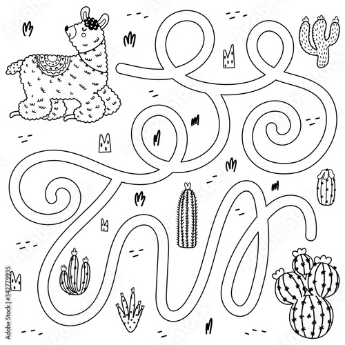 Help the llama find the way to cactus. Black and white maze game for kids