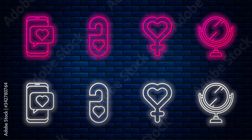 Set line Please do not disturb with heart, Female gender symbol, Online dating app and chat and Round makeup mirror. Glowing neon icon on brick wall. Vector