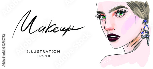 Close up woman portrait. Stylish graphic portrait of a beautiful young model. Fashionable style, beauty. Graphics, sketch drawing