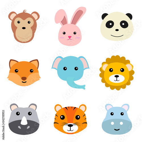 Cute funny animals faces vector illustration