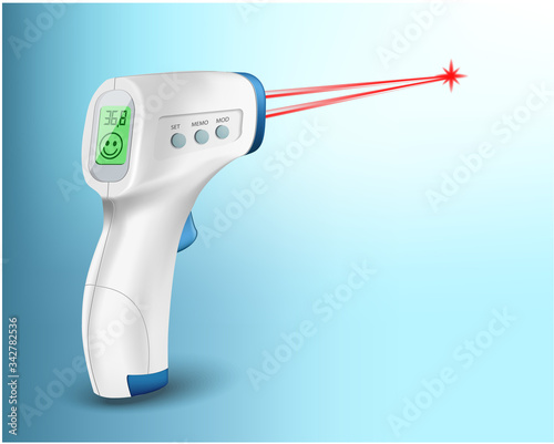 vector digital contactless electronic thermometer with infrared ray on a blue background. Non-contact infrared thermography, body temperature safety, health care, epidemic prevention concept
