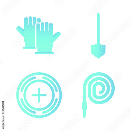 set of four icons, shovel, hose, gloves and scope on white background, vector symbol