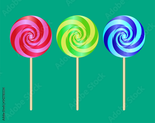 Colorful sweet lollipop. Vector illustration with candy on green