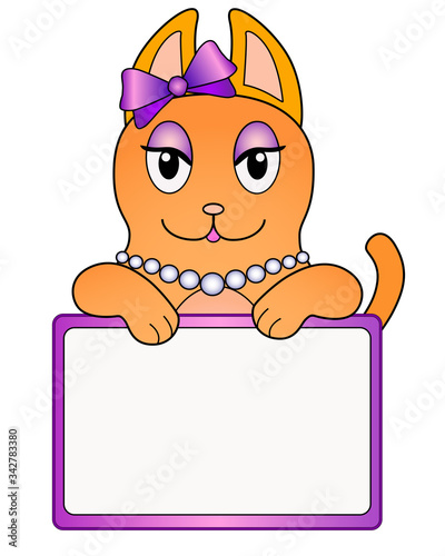 Cute ginger cartoon cat girl holding a sign or banner with copy space - vector full color picture. Ginger cat with bow and beads holds a blank poster with place for your content.