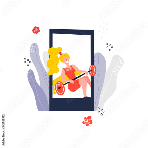 Personal trainer online. Active lifestyle and fitness training. Modern flat cartoon style. Woman doing Gluteal Bridge