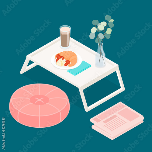 Breakfast in bed set. Isometric vector illustration in flat design.