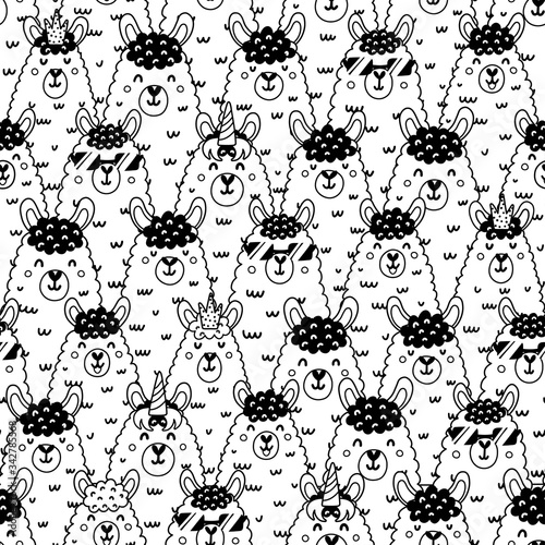 Funny doodle llamas black and white seamless pattern