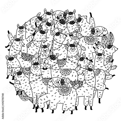 Circle shape coloring page with funny llamas