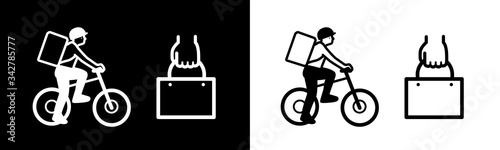Takeaway food in a paper bag. Online order and food delivery concept. Bicycle courier, delivery man. Vector illustration. 