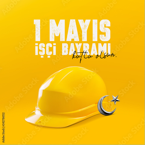 Minimal positive design for May 1st labor and solidarity day card. (Turkish: 1 mayıs emek ve dayanışma günü, işçi bayramı kutlu olsun.) Labour day design turkish symbol and helmet (Rectangle Size)