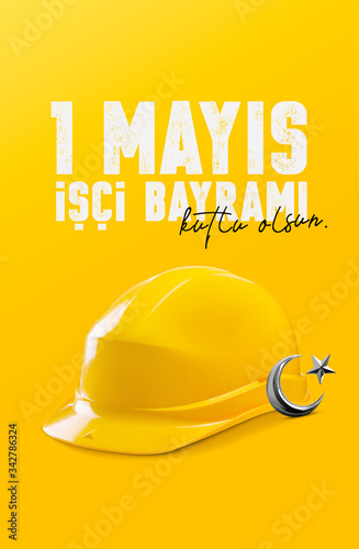 Minimal positive design for May 1st labor and solidarity day card. (Turkish: 1 mayıs emek ve dayanışma günü, işçi bayramı kutlu olsun.) Labour day design turkish symbol and helmet (Rectangle Size)