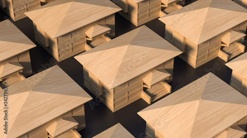 The groups of wooden low-poly houses with entrances isolated on a black background. 3d render.