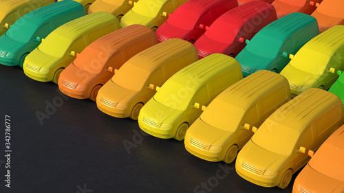 Colorful monochromatic postal service cars on the black background. 3d render.