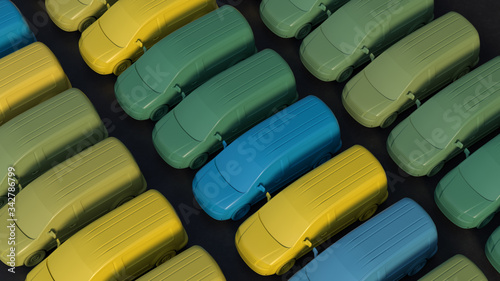 Colorful monochromatic postal service cars on the black background. 3d render.