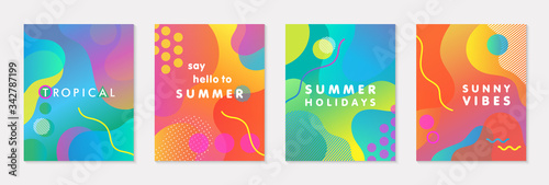 Bundle of modern vector summer posters with bright gradient background,shapes and geometric elements.Trendy abstract design perfect for prints,social media,banners,invitations,branding design,covers