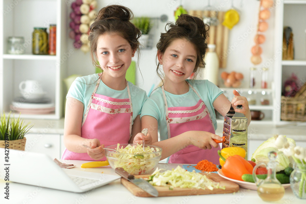 Cute girls preparing delicious fresh salad in kitchen Cute girls preparing delicious fresh salad in kitchen