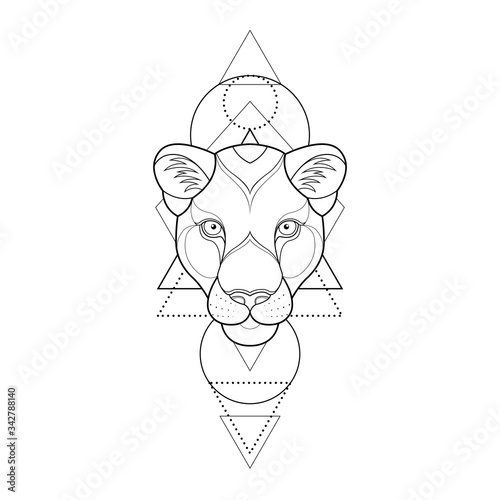 Linear hand drawing head of panther with geometric elements for greeting card, invitation, Henna drawing and tattoo template. Vector illustration