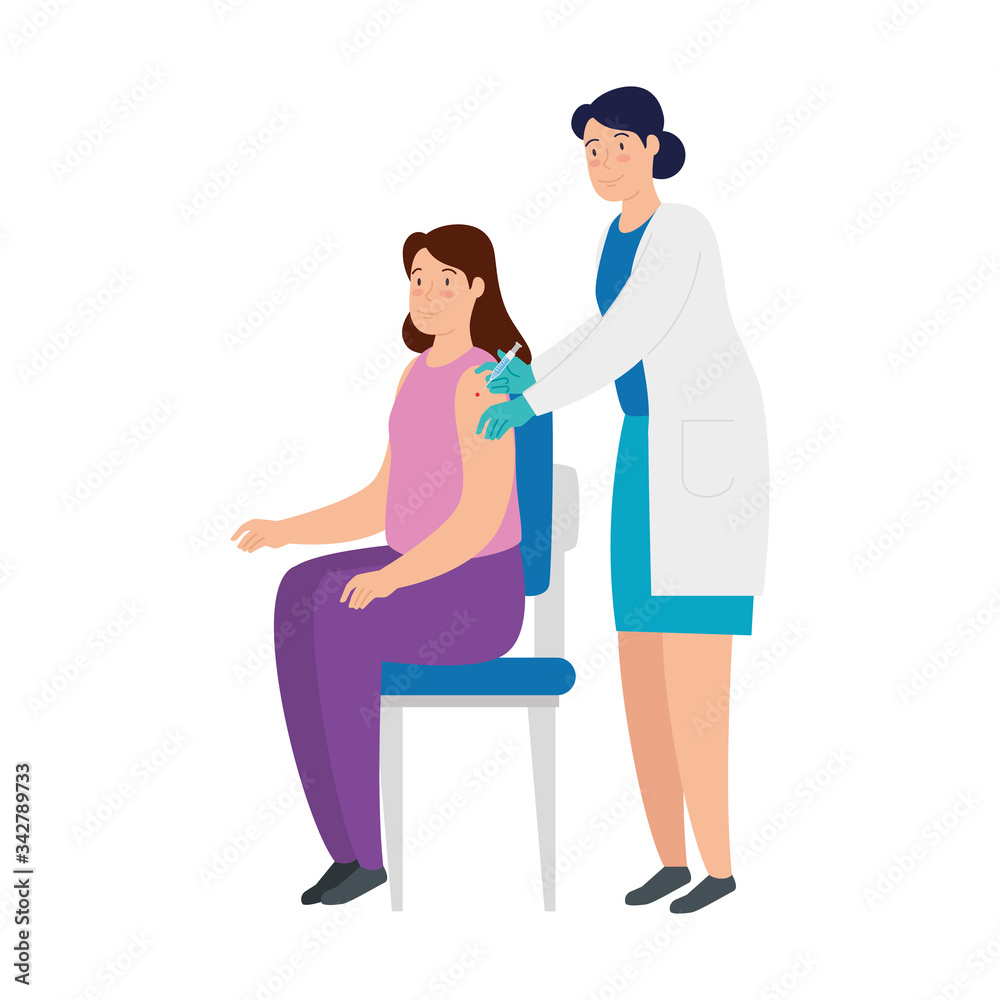 doctor female vaccinating to woman isolated icons vector illustration design