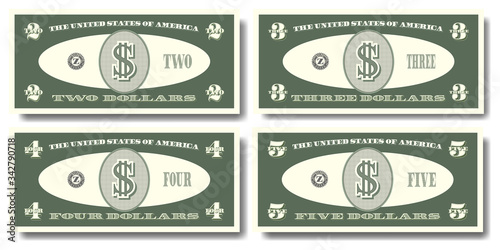 Obverse, US fictitious green paper money in denominations of  two, three, four and five dollars Part four