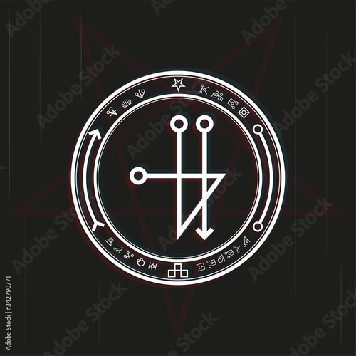 Magic symbol in a circle on a black background. Black-white vector illustration.