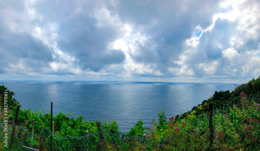 Fototapeta premium Beautiful landscape of Mediterranean turquoise sea and green mountains with vineyards visible from the hiking Cinque Terre trail from Vernazza to Monterosso al Mare in Italy.