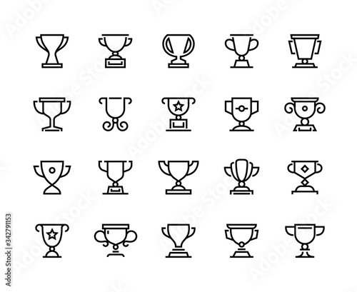 Trophy cup line icons. Competition prize and sport team awards, winner reward and competition award symbols. Vector set black reward icon isolated on white