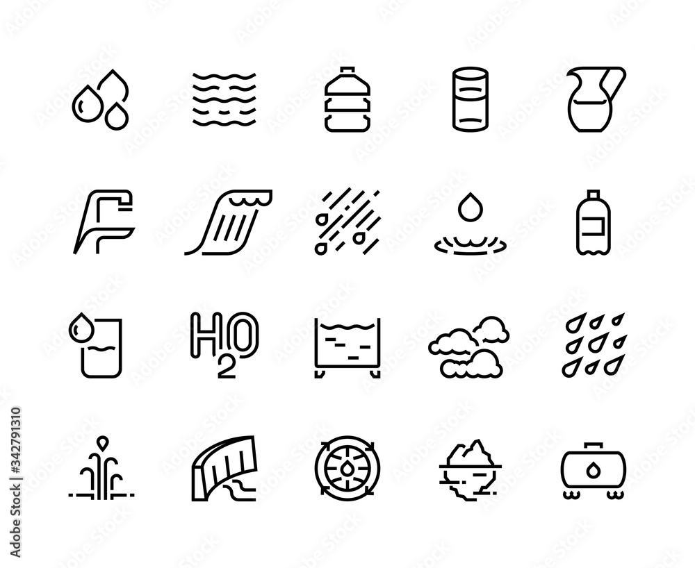 Naklejka premium Water line icons. Bottle and glass of liquid, rain drops clouds and shower, water sources such as iceberg geyser, water tank and barrel. Vector illustration black sign, pictogram on white