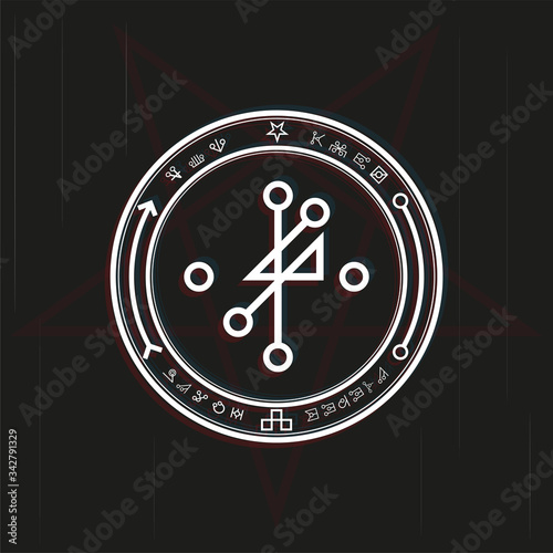 Magic symbol in a circle on a black background. Black-white vector illustration.