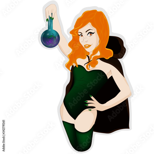 Alchemist girl conducts an experiment with a flask. Vector art